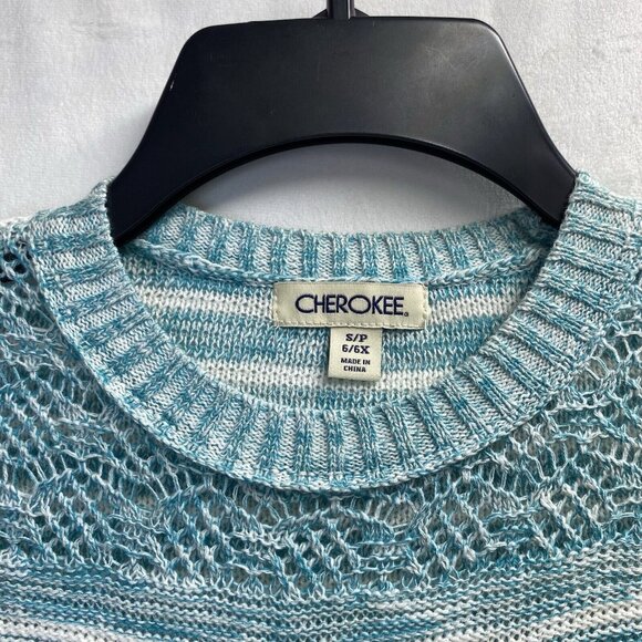 Cherokee Round Neck Long Sleeve Knit Sweater Girls S/P(6/6X) White/Green Stripes - Picture 11 of 16